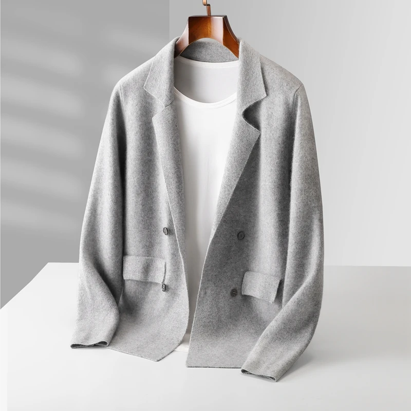 Men's Suit Collar Cardigan 100% Pure Wool Sweater Coat Autumn Winter Chic Pocket Business Casual Wool Outerwear Knitwear Top