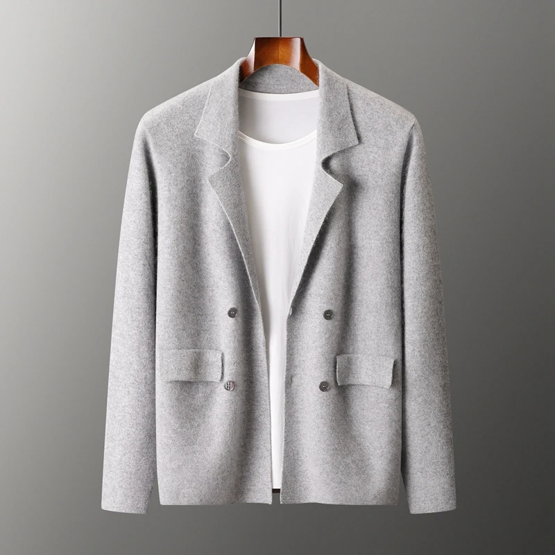 Men's Suit Collar Cardigan 100% Pure Wool Sweater Coat Autumn Winter Chic Pocket Business Casual Wool Outerwear Knitwear Top