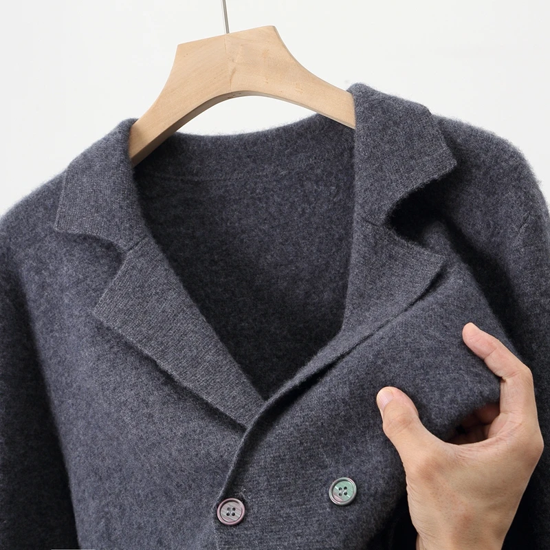 Men's Suit Collar Cardigan 100% Pure Wool Sweater Coat Autumn Winter Chic Pocket Business Casual Wool Outerwear Knitwear Top
