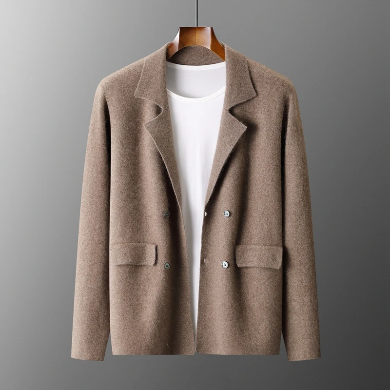 Men's Suit Collar Cardigan 100% Pure Wool Sweater Coat Autumn Winter Chic Pocket Business Casual Wool Outerwear Knitwear Top