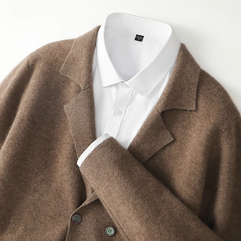 Men's Suit Collar Cardigan 100% Pure Wool Sweater Coat Autumn Winter Chic Pocket Business Casual Wool Outerwear Knitwear Top