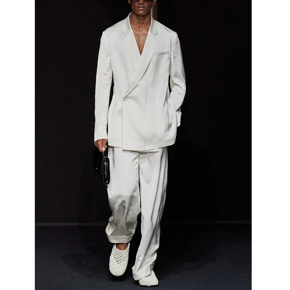 White Notch Lapel One Button Men Suits 2 Piece Chic Smart Casual Travel Outfits Fashion Wedding Tuxedo Loose Costume Homme 2024