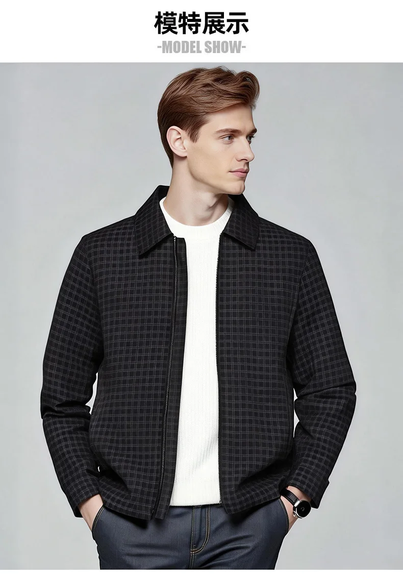 Men's Plaid Jacket Business Casual Spring Autumn Turn Down Collar Zipper Coat, Lightweight Outdoor Work Blazer for Daily Wear
