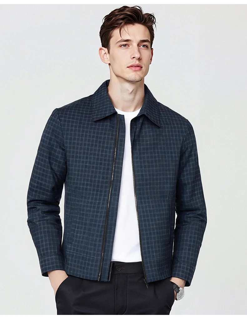 Men's Plaid Jacket Business Casual Spring Autumn Turn Down Collar Zipper Coat, Lightweight Outdoor Work Blazer for Daily Wear