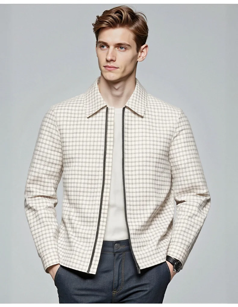 Men's Plaid Jacket Business Casual Spring Autumn Turn Down Collar Zipper Coat, Lightweight Outdoor Work Blazer for Daily Wear