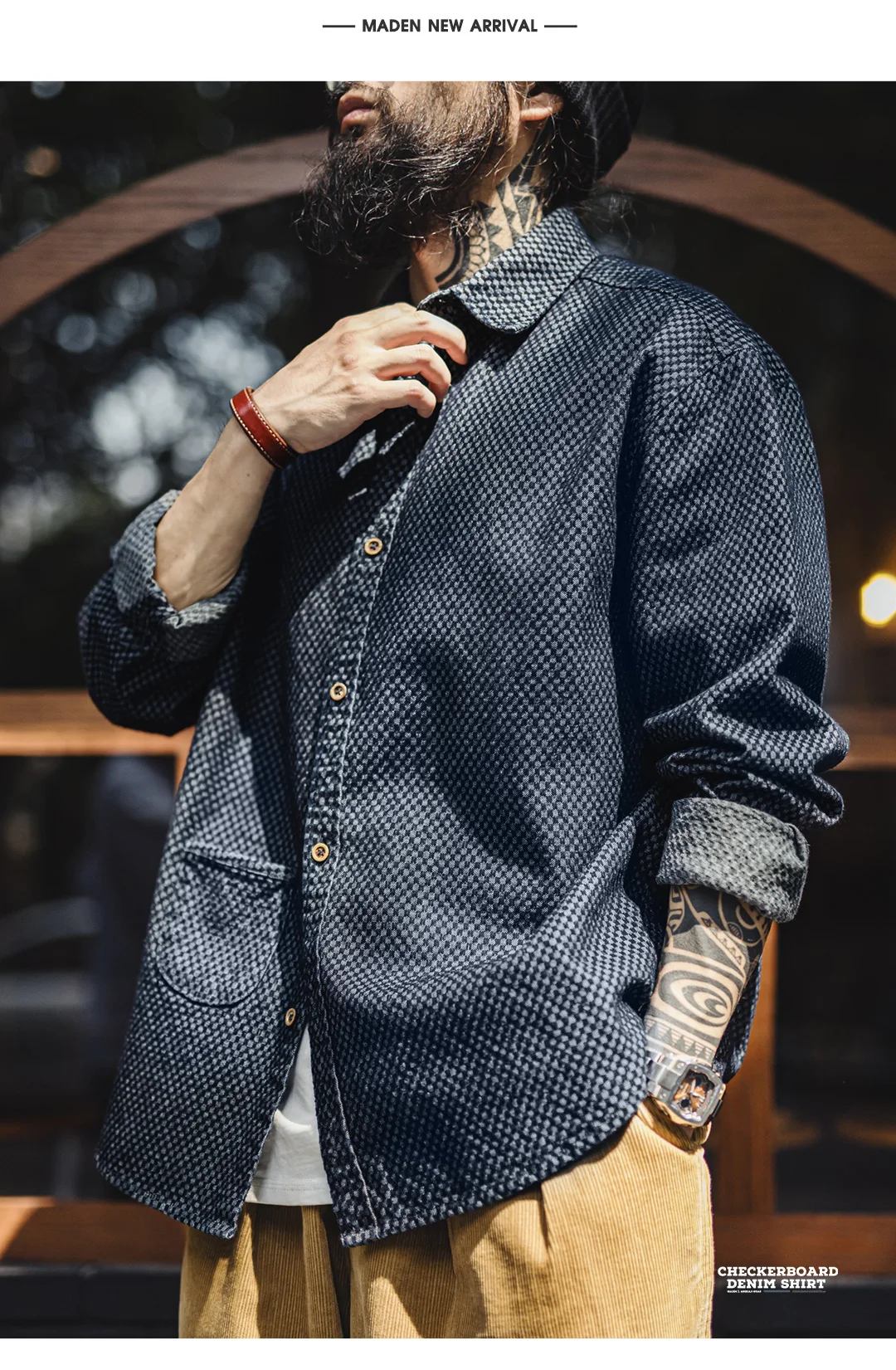 Maden Retro Checkered Long-sleeved Denim Shirt Loose Lapel Single-breasted Jacket for Men Spring and Fall Versatile Outerwear