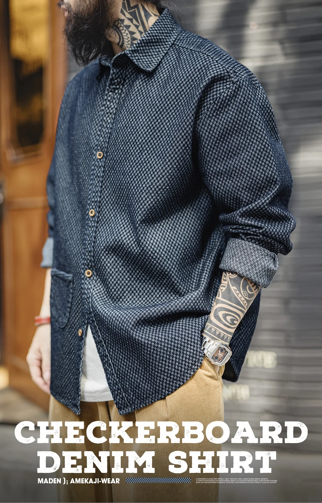 Maden Retro Checkered Long-sleeved Denim Shirt Loose Lapel Single-breasted Jacket for Men Spring and Fall Versatile Outerwear