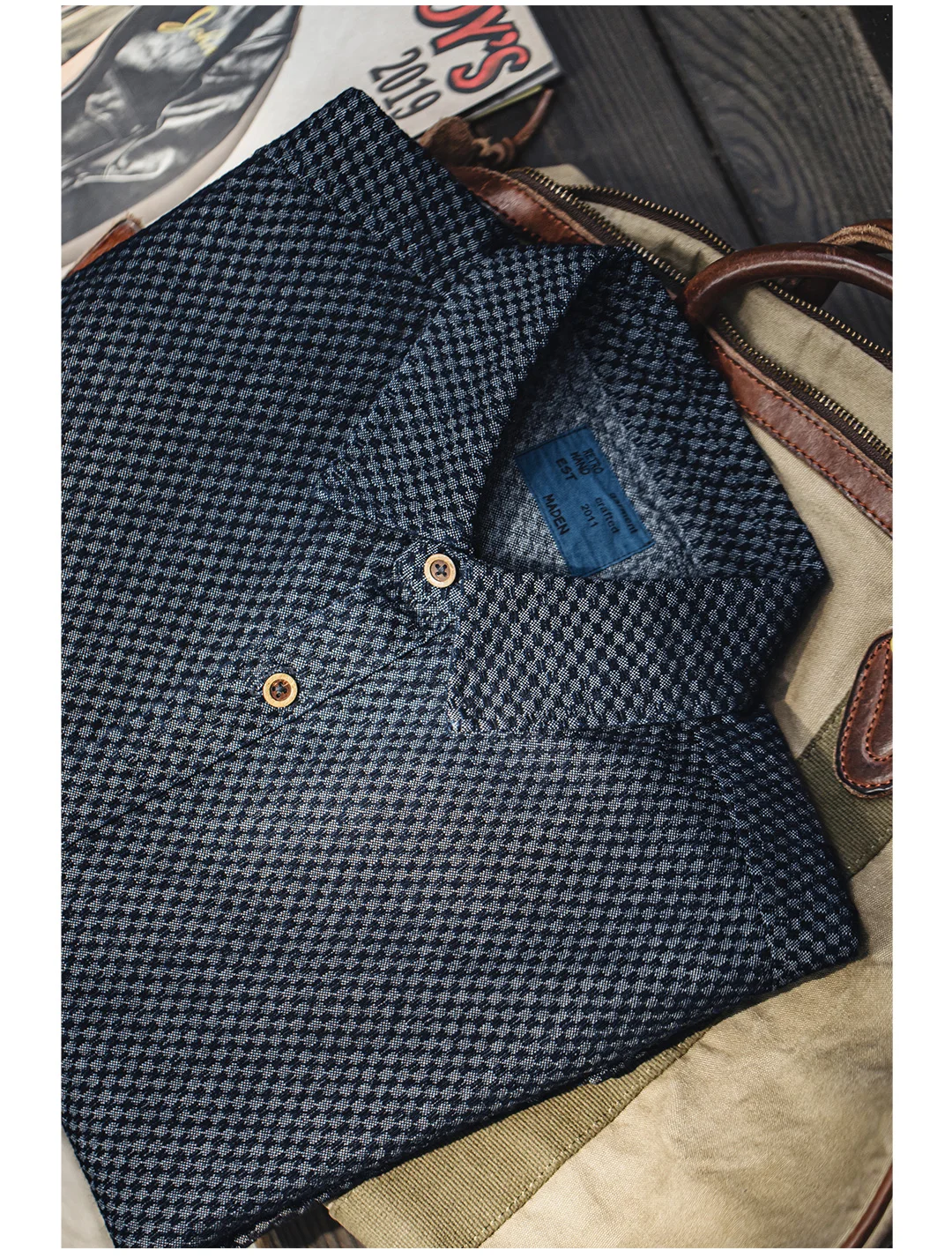 Maden Retro Checkered Long-sleeved Denim Shirt Loose Lapel Single-breasted Jacket for Men Spring and Fall Versatile Outerwear
