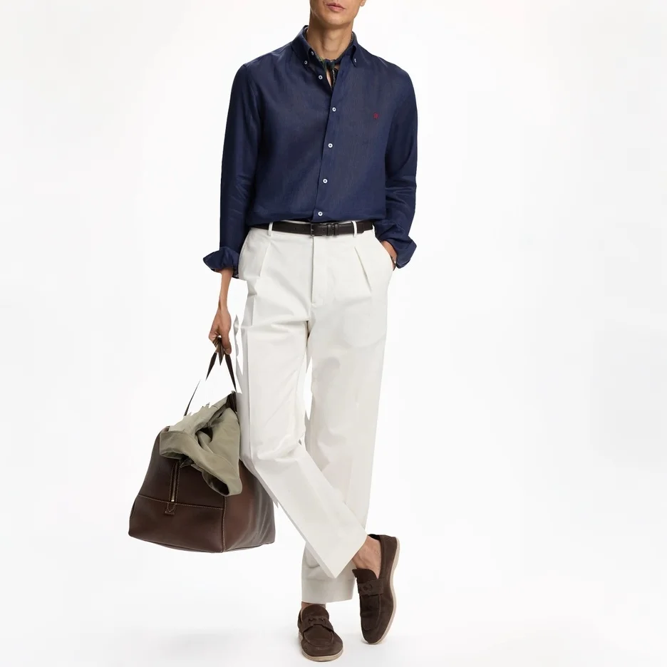 CH Linen Embroidered Long Sleeve Shirt Men Elegant Style Button Up Collar Breathable Casual Daily Tops