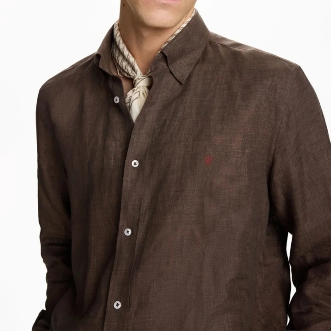 CH Linen Embroidered Long Sleeve Shirt Men Elegant Style Button Up Collar Breathable Casual Daily Tops