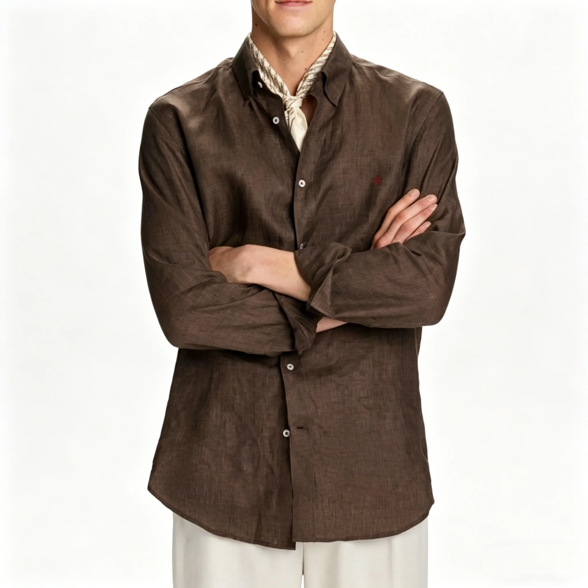 CH Linen Embroidered Long Sleeve Shirt Men Elegant Style Button Up Collar Breathable Casual Daily Tops