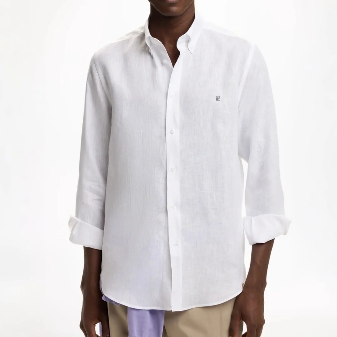 CH Linen Embroidered Long Sleeve Shirt Men Elegant Style Button Up Collar Breathable Casual Daily Tops