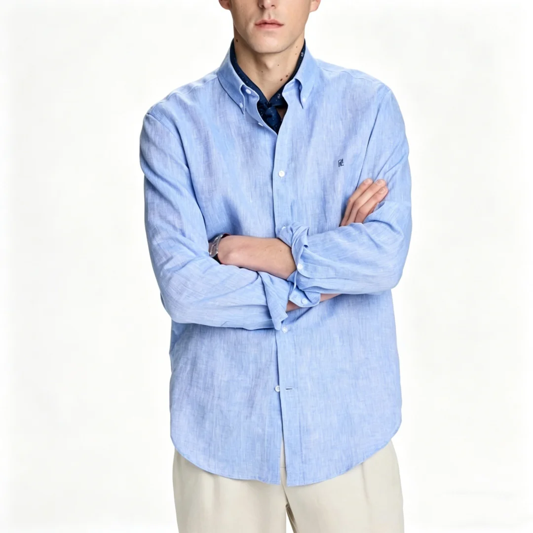 CH Linen Embroidered Long Sleeve Shirt Men Elegant Style Button Up Collar Breathable Casual Daily Tops