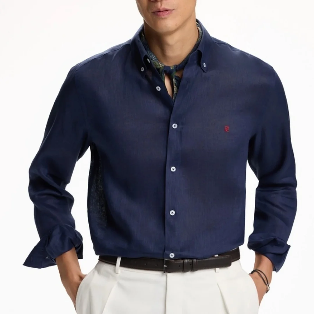 CH Linen Embroidered Long Sleeve Shirt Men Elegant Style Button Up Collar Breathable Casual Daily Tops