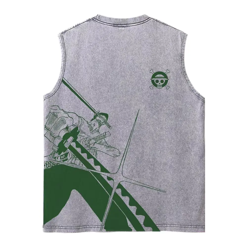 Harajuku Retro Sleeveless T-Shirts Streetwear Vintage Washed Anime One Piece Graphic Print Men Vest Tops Tees Retro Oversize