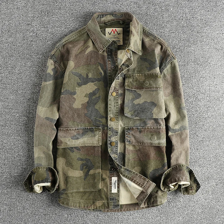 Three-dimensional pocket design all cotton bead sail woven washed old cargo shirt male army fan outdoor trend coat