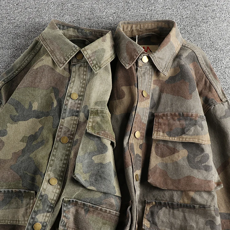 Three-dimensional pocket design all cotton bead sail woven washed old cargo shirt male army fan outdoor trend coat