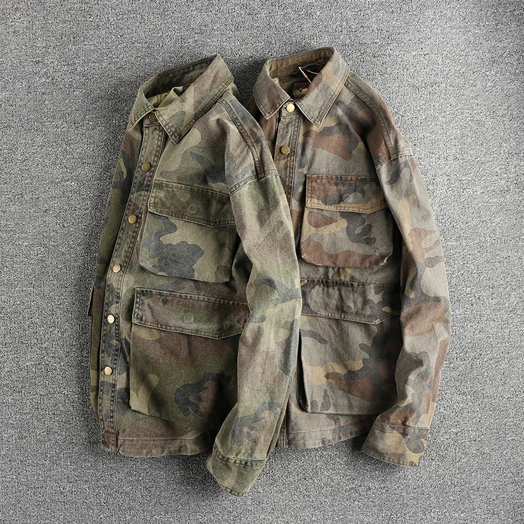 Three-dimensional pocket design all cotton bead sail woven washed old cargo shirt male army fan outdoor trend coat