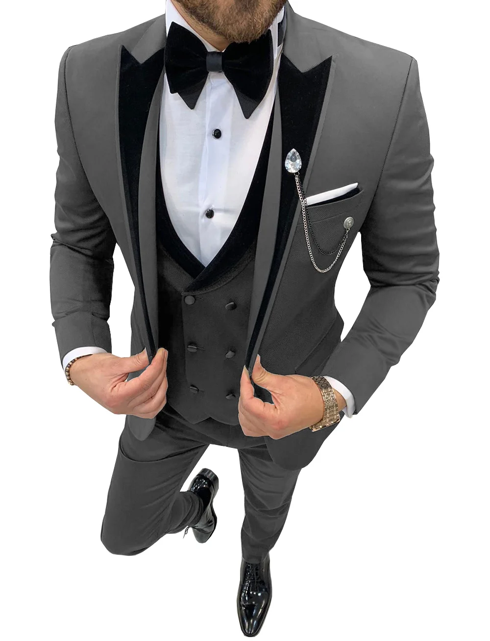 Mens Suits Wave Point Three Pieces Men Dress Suits Casual Commuter Office Business Suits for Wedding (Blazer+Vest+Pants)