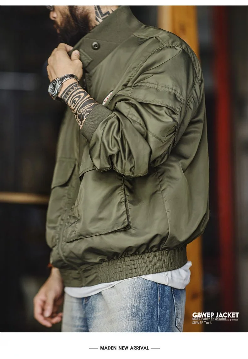 Maden Vintage Military Style G8WEP Jacket Men's Short Length Stand Collar Tactical Coat Green Lightweight Zip-Up Field Jacket