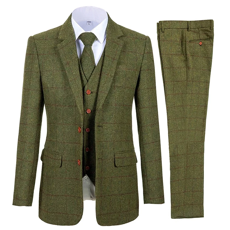 Brown Men Suits Plaid Tweed Suits for Man Three Pieces Vintage Lapel Tuxedos Groomsmen Winter Wedding Suit(Blazer+Vest+Pants)