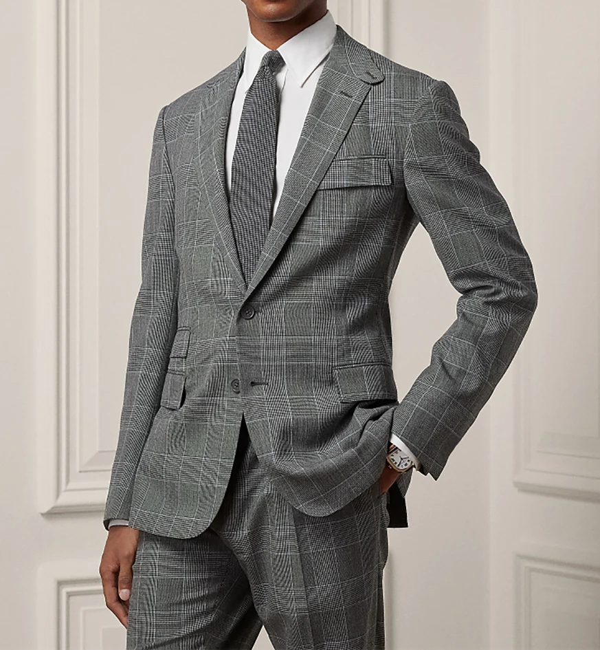 Gray Men's Suits 2 Pieces Blazer Pants Single Breaste Peaked Lapel Plaid Stripes Wedding Formal Custom Made Plus Size