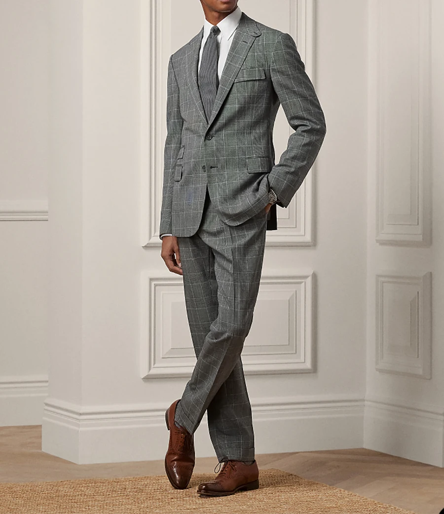Gray Men's Suits 2 Pieces Blazer Pants Single Breaste Peaked Lapel Plaid Stripes Wedding Formal Custom Made Plus Size