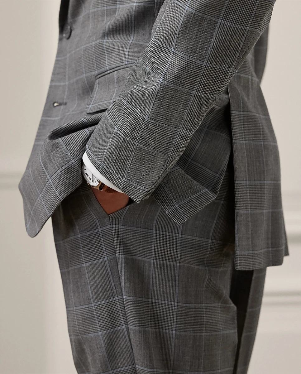 Gray Men's Suits 2 Pieces Blazer Pants Single Breaste Peaked Lapel Plaid Stripes Wedding Formal Custom Made Plus Size