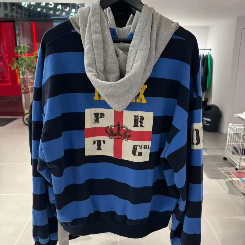 Protocol Striped Embroidered Sweatshirt High Street Warhorse Retro Men Women Casual Hoody