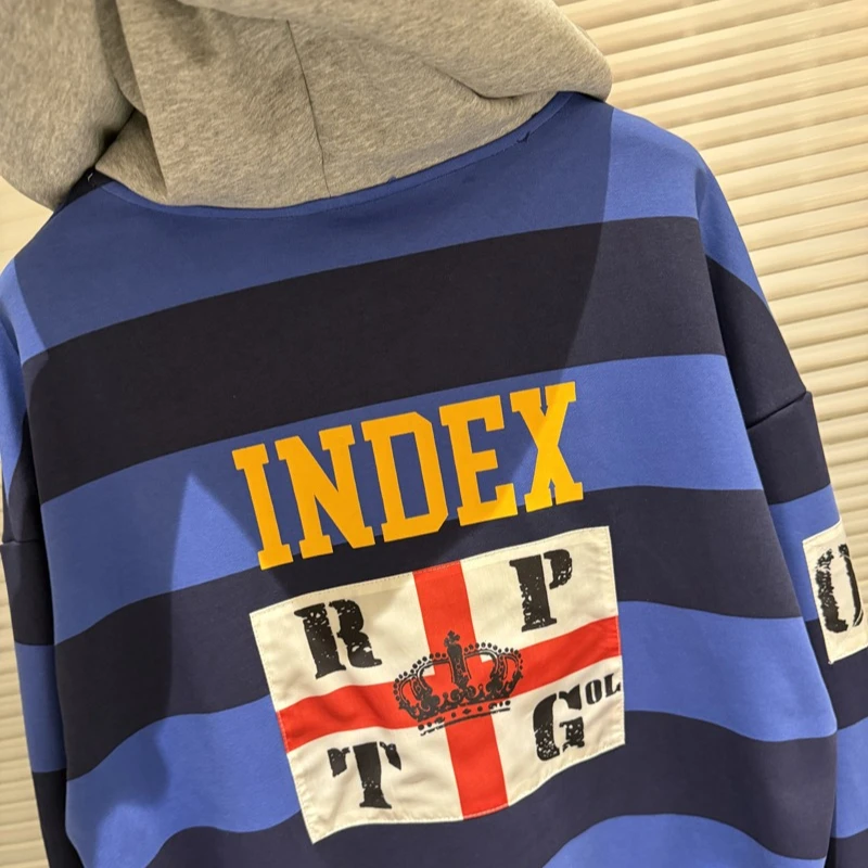 Protocol Striped Embroidered Sweatshirt High Street Warhorse Retro Men Women Casual Hoody