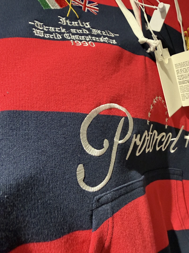 Protocol Striped Embroidered Sweatshirt High Street Warhorse Retro Men Women Casual Hoody