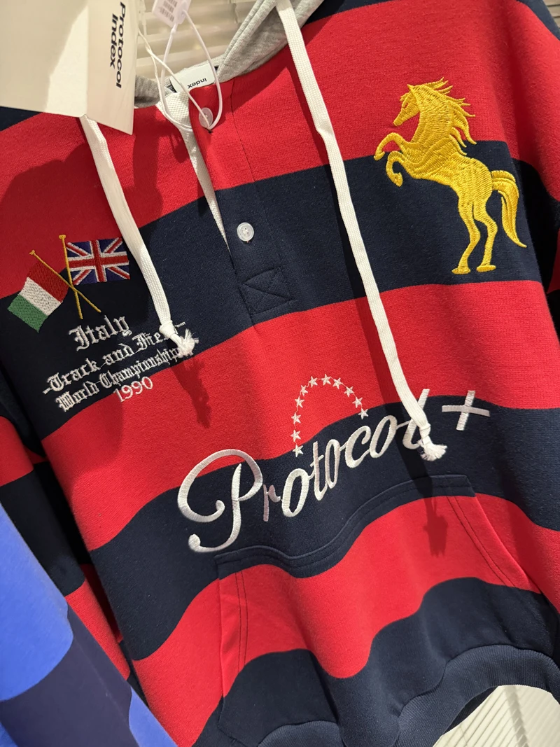 Protocol Striped Embroidered Sweatshirt High Street Warhorse Retro Men Women Casual Hoody
