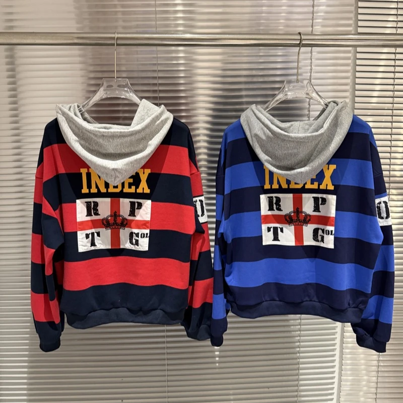 Protocol Striped Embroidered Sweatshirt High Street Warhorse Retro Men Women Casual Hoody