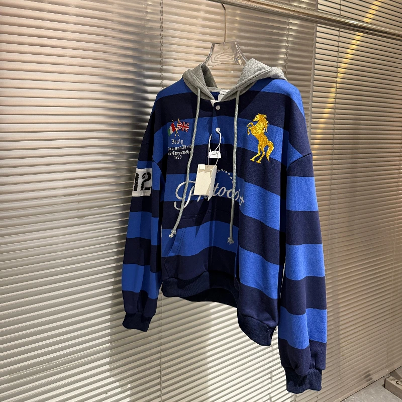 Protocol Striped Embroidered Sweatshirt High Street Warhorse Retro Men Women Casual Hoody