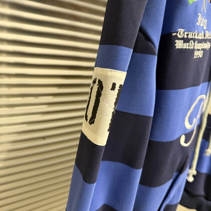 Protocol Striped Embroidered Sweatshirt High Street Warhorse Retro Men Women Casual Hoody