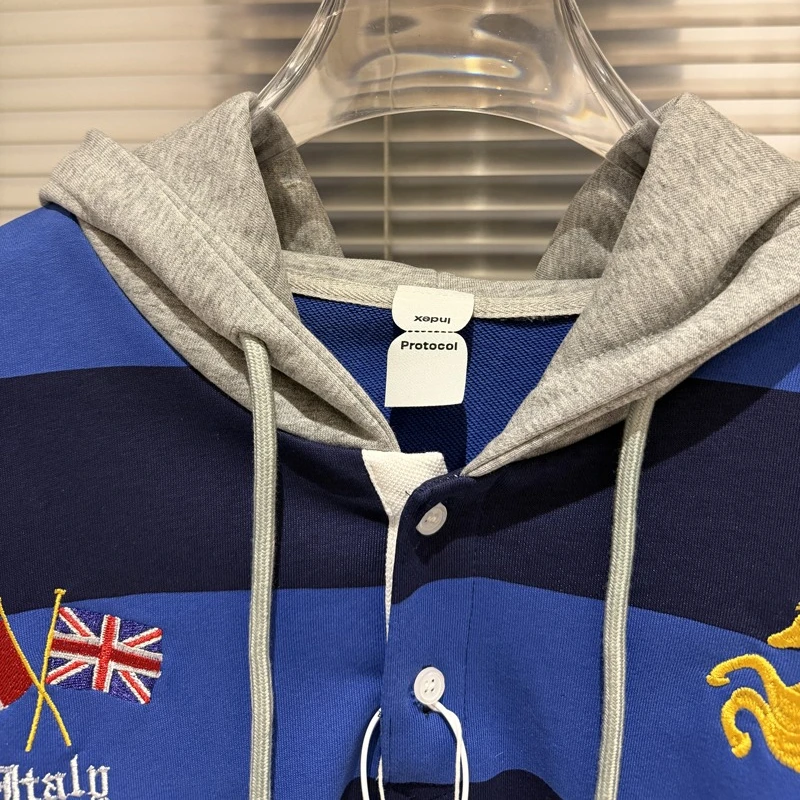 Protocol Striped Embroidered Sweatshirt High Street Warhorse Retro Men Women Casual Hoody