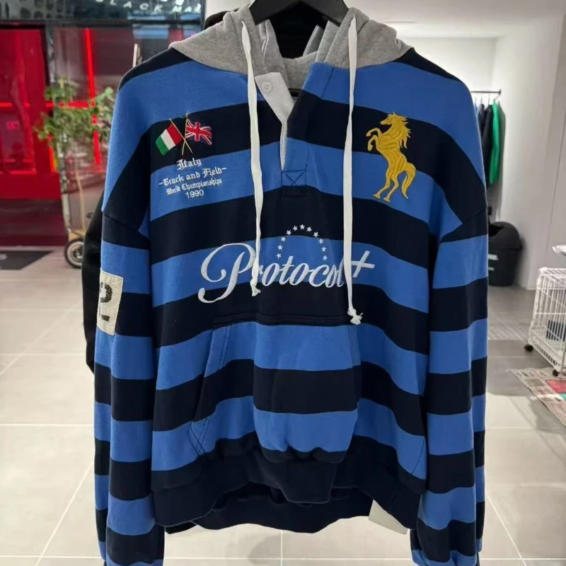 Protocol Striped Embroidered Sweatshirt High Street Warhorse Retro Men Women Casual Hoody