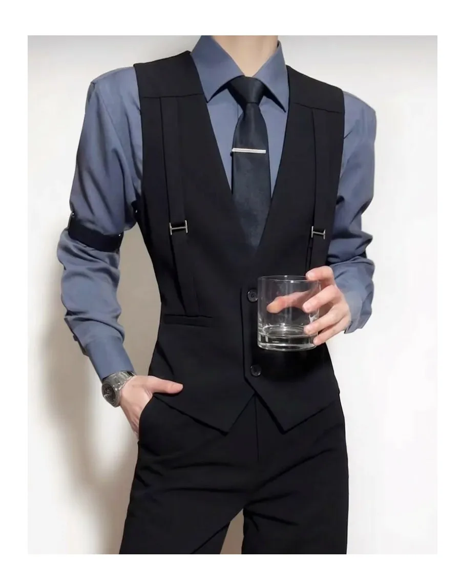 British Style Shoulder Strap Decoration Suit Vest for Men V-neck Casual Business Waistcoat Party Waiter Wedding Uniform Vests
