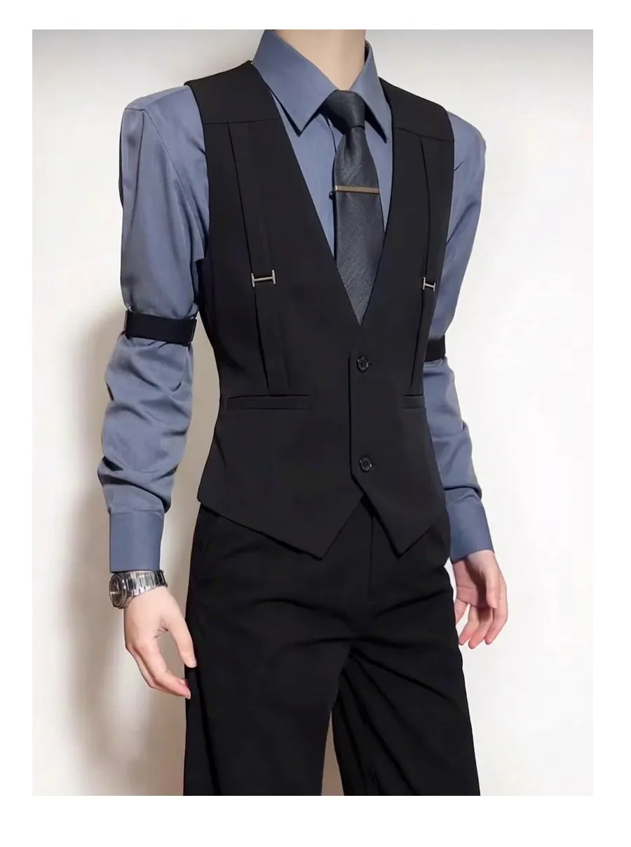 British Style Shoulder Strap Decoration Suit Vest for Men V-neck Casual Business Waistcoat Party Waiter Wedding Uniform Vests