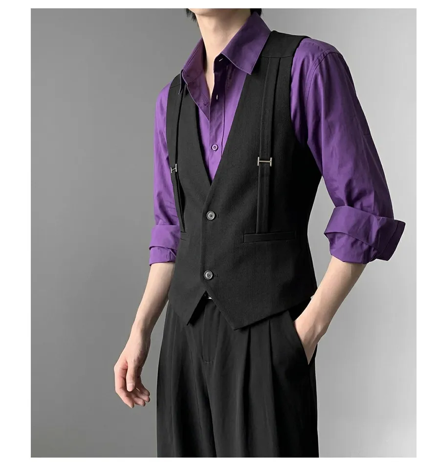 British Style Shoulder Strap Decoration Suit Vest for Men V-neck Casual Business Waistcoat Party Waiter Wedding Uniform Vests