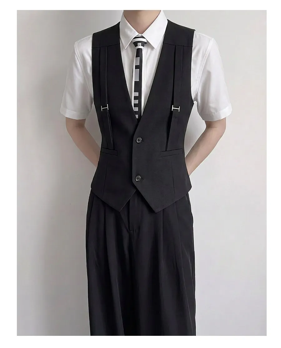 British Style Shoulder Strap Decoration Suit Vest for Men V-neck Casual Business Waistcoat Party Waiter Wedding Uniform Vests