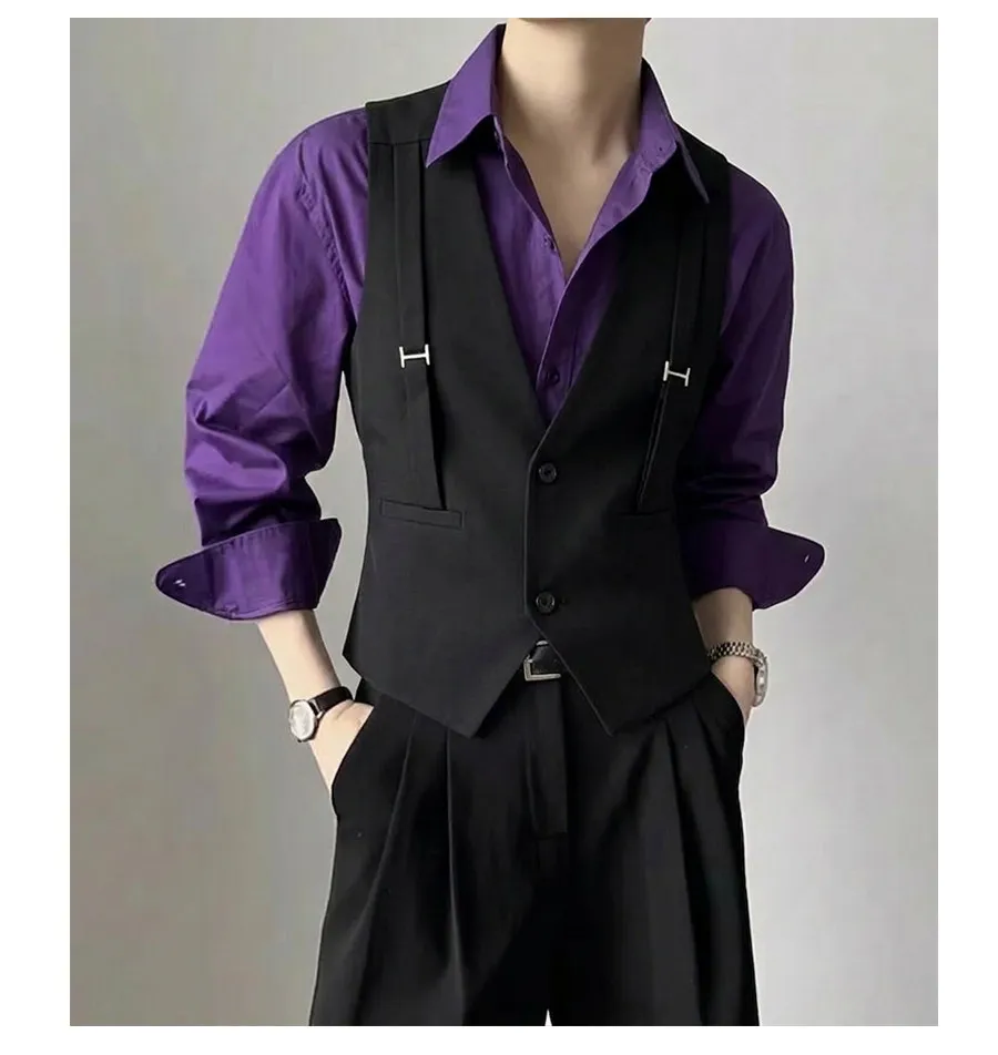 British Style Shoulder Strap Decoration Suit Vest for Men V-neck Casual Business Waistcoat Party Waiter Wedding Uniform Vests