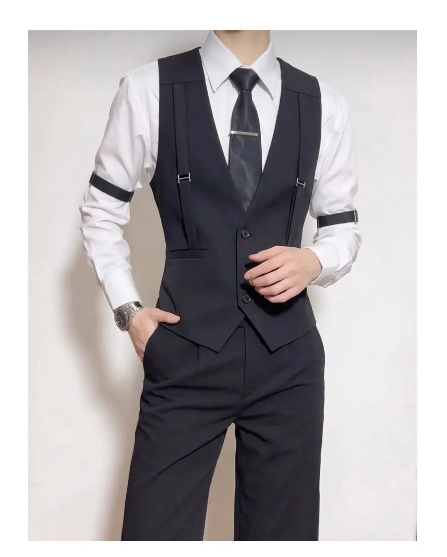 British Style Shoulder Strap Decoration Suit Vest for Men V-neck Casual Business Waistcoat Party Waiter Wedding Uniform Vests