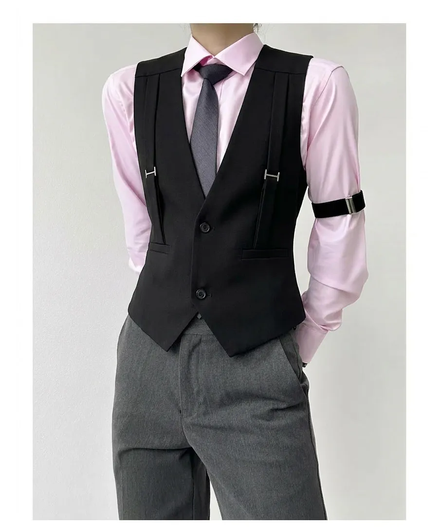 British Style Shoulder Strap Decoration Suit Vest for Men V-neck Casual Business Waistcoat Party Waiter Wedding Uniform Vests