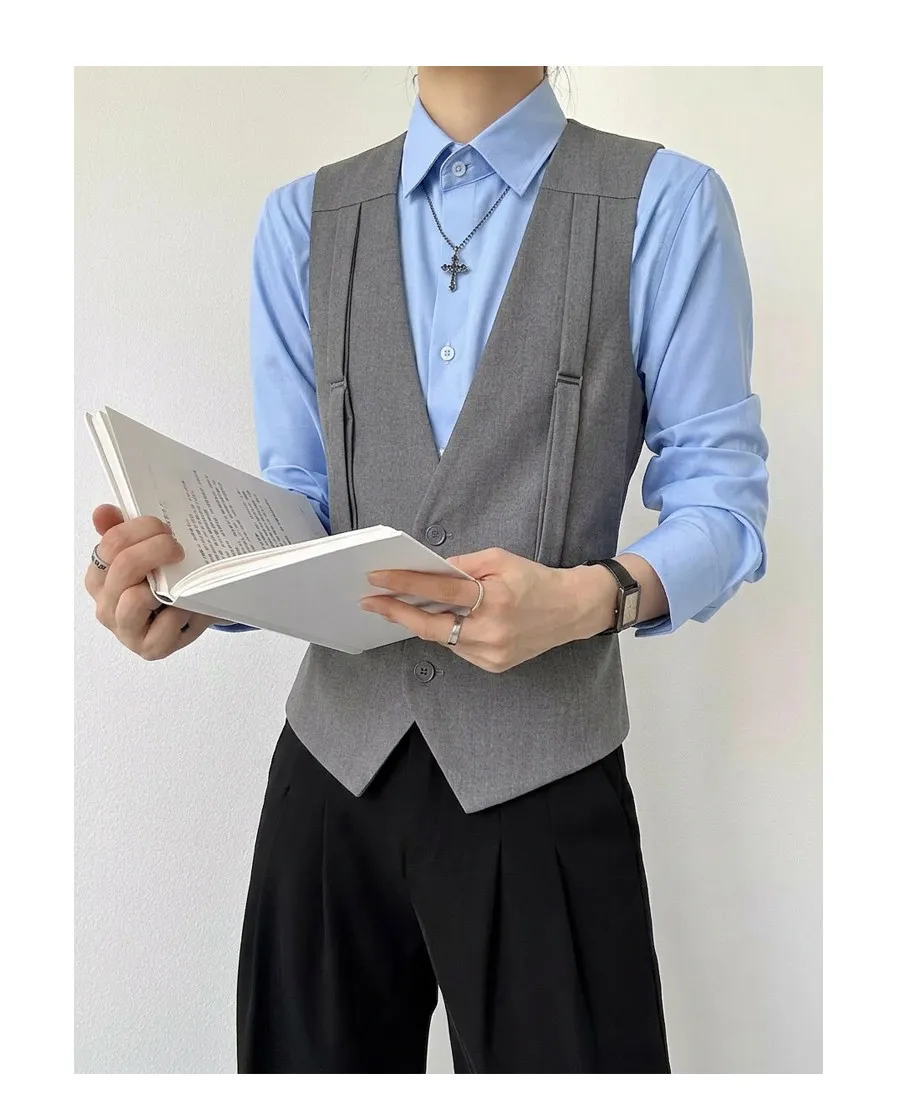 British Style Shoulder Strap Decoration Suit Vest for Men V-neck Casual Business Waistcoat Party Waiter Wedding Uniform Vests