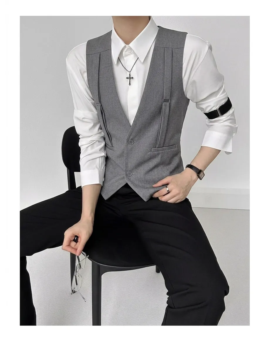 British Style Shoulder Strap Decoration Suit Vest for Men V-neck Casual Business Waistcoat Party Waiter Wedding Uniform Vests