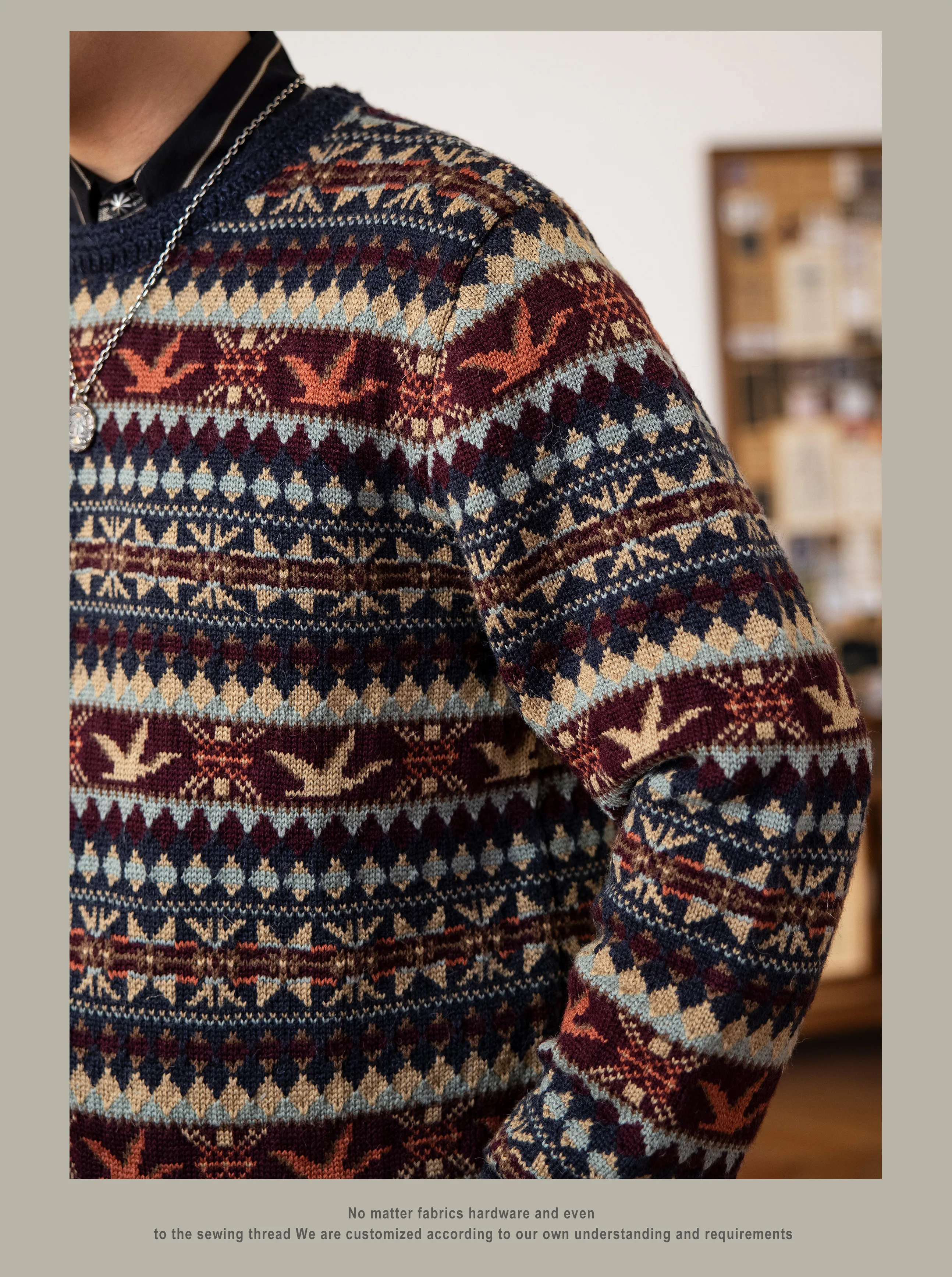 MY-0016 Super Top Quality Heavy Thick Jumper Big Flexible 100% Merino Wool & Italy Leather Warm Pullover