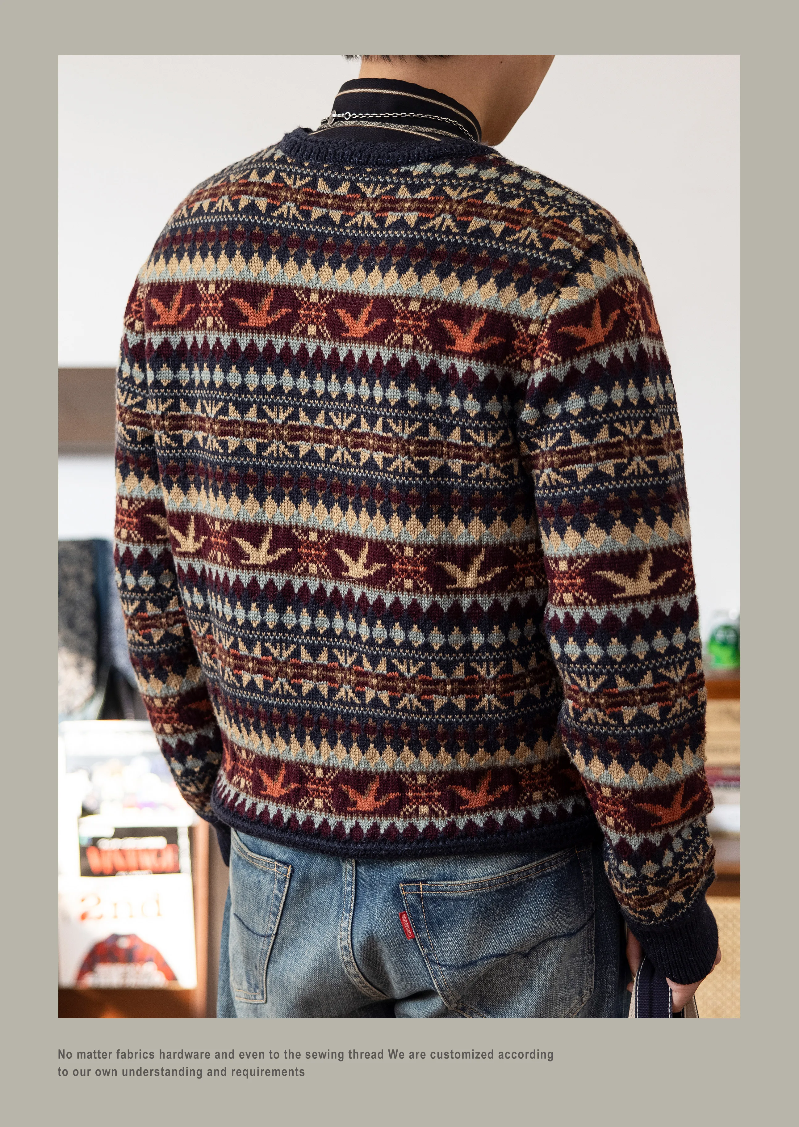 MY-0016 Super Top Quality Heavy Thick Jumper Big Flexible 100% Merino Wool & Italy Leather Warm Pullover