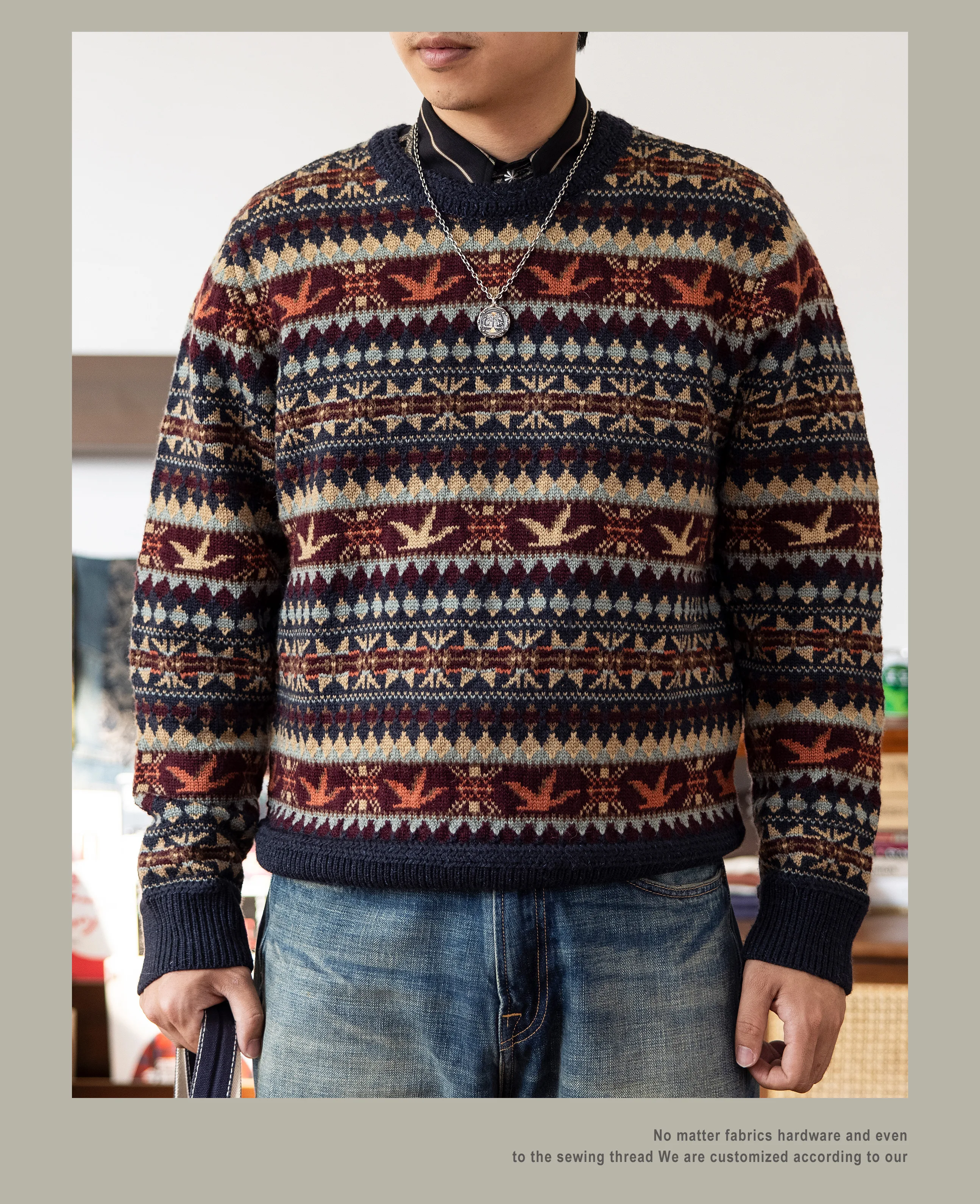 MY-0016 Super Top Quality Heavy Thick Jumper Big Flexible 100% Merino Wool & Italy Leather Warm Pullover