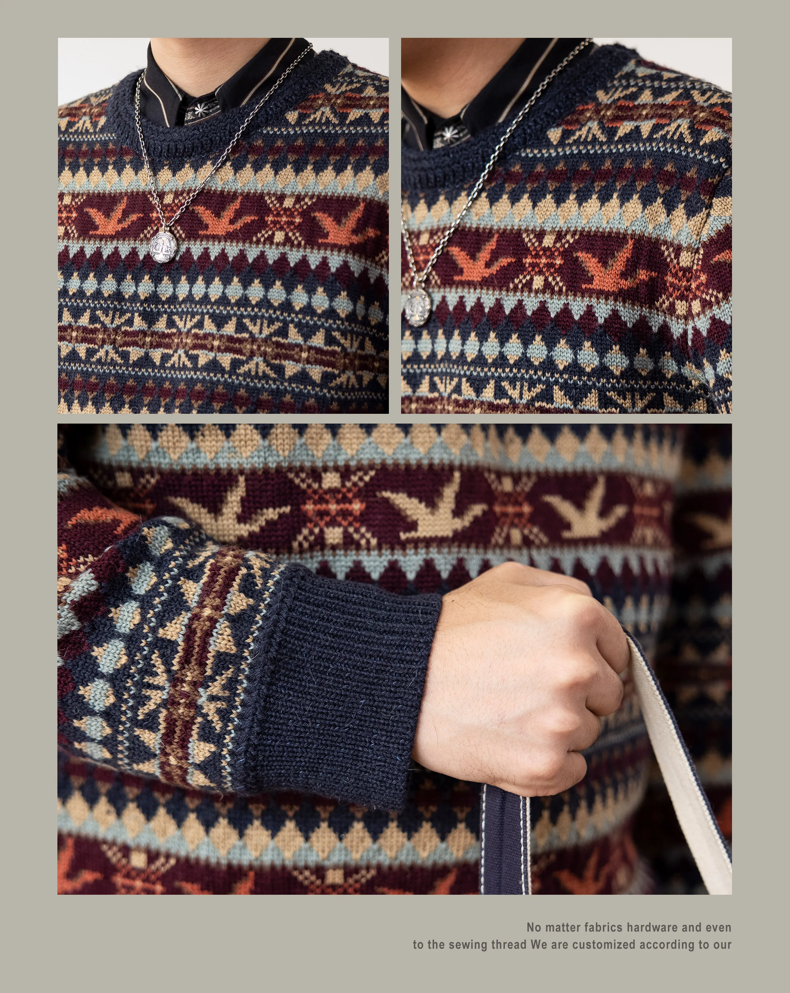 MY-0016 Super Top Quality Heavy Thick Jumper Big Flexible 100% Merino Wool & Italy Leather Warm Pullover